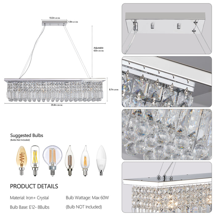 Crystal Chandelier 8-Light White Rectangle Raindrop Contemporary Rectangular Fixture