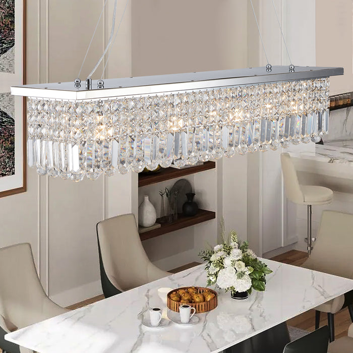 Crystal Chandelier 8-Light White Rectangle Raindrop Contemporary Rectangular Fixture