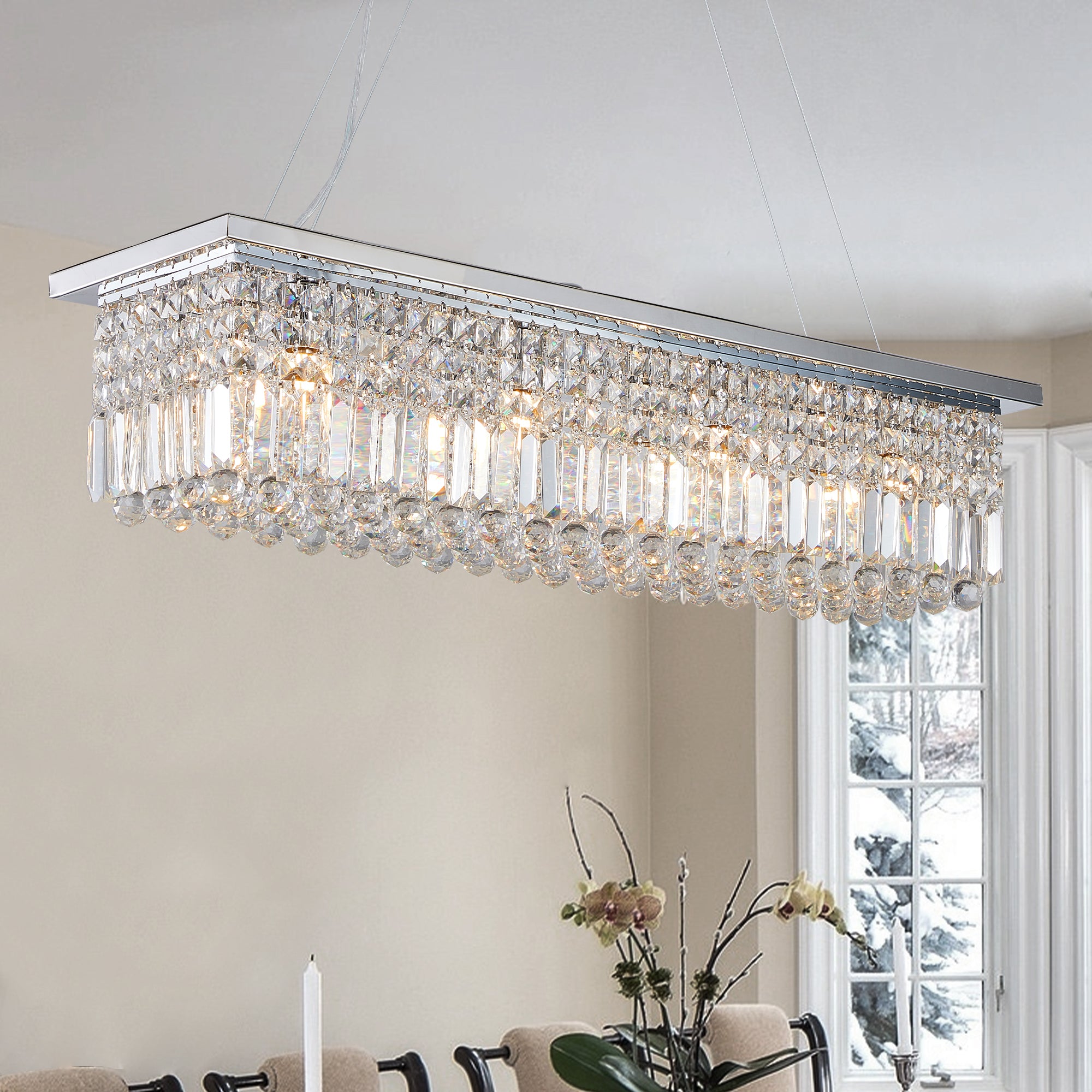 Crystal Chandelier 8-Light White Rectangle Raindrop Contemporary Rectangular Fixture