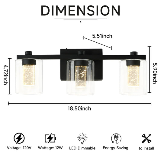 Crystal Sand Black Bathroom Vanity Lighting Fixtures Over Mirror with Glass Shade 3000-6000K LED Lights Dimmable Wall Lamp - okeli lights