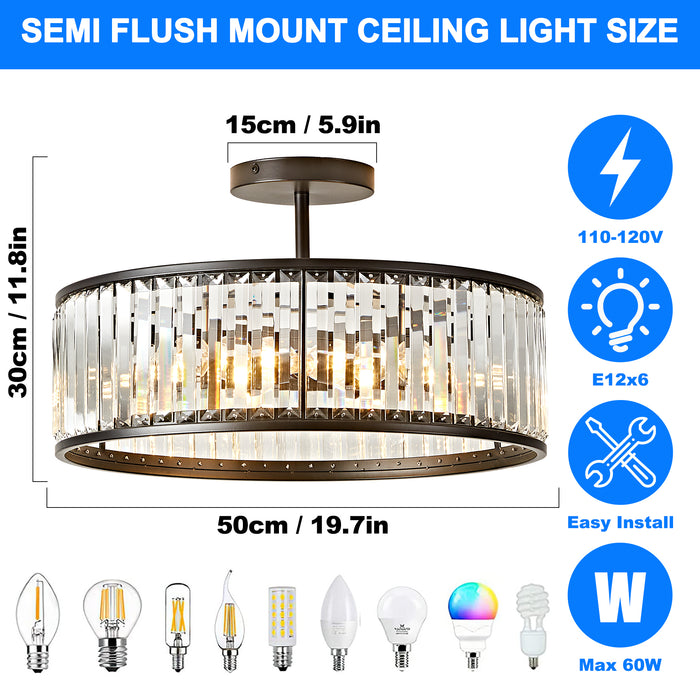 OKELI Modern Crystal Semi Flush Mount Ceiling Light Round Fixture for Bedroom, Hallway, Living Room