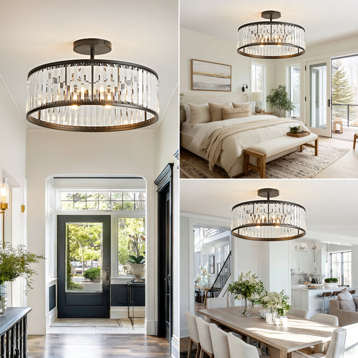 OKELI Modern Crystal Semi Flush Mount Ceiling Light Round Fixture for Bedroom, Hallway, Living Room