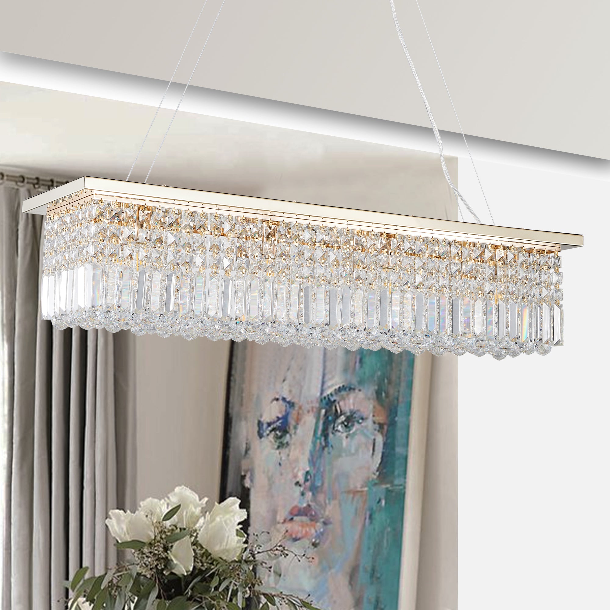 Crystal Chandelier 8-Light White Rectangle Raindrop Contemporary Rectangular Fixture