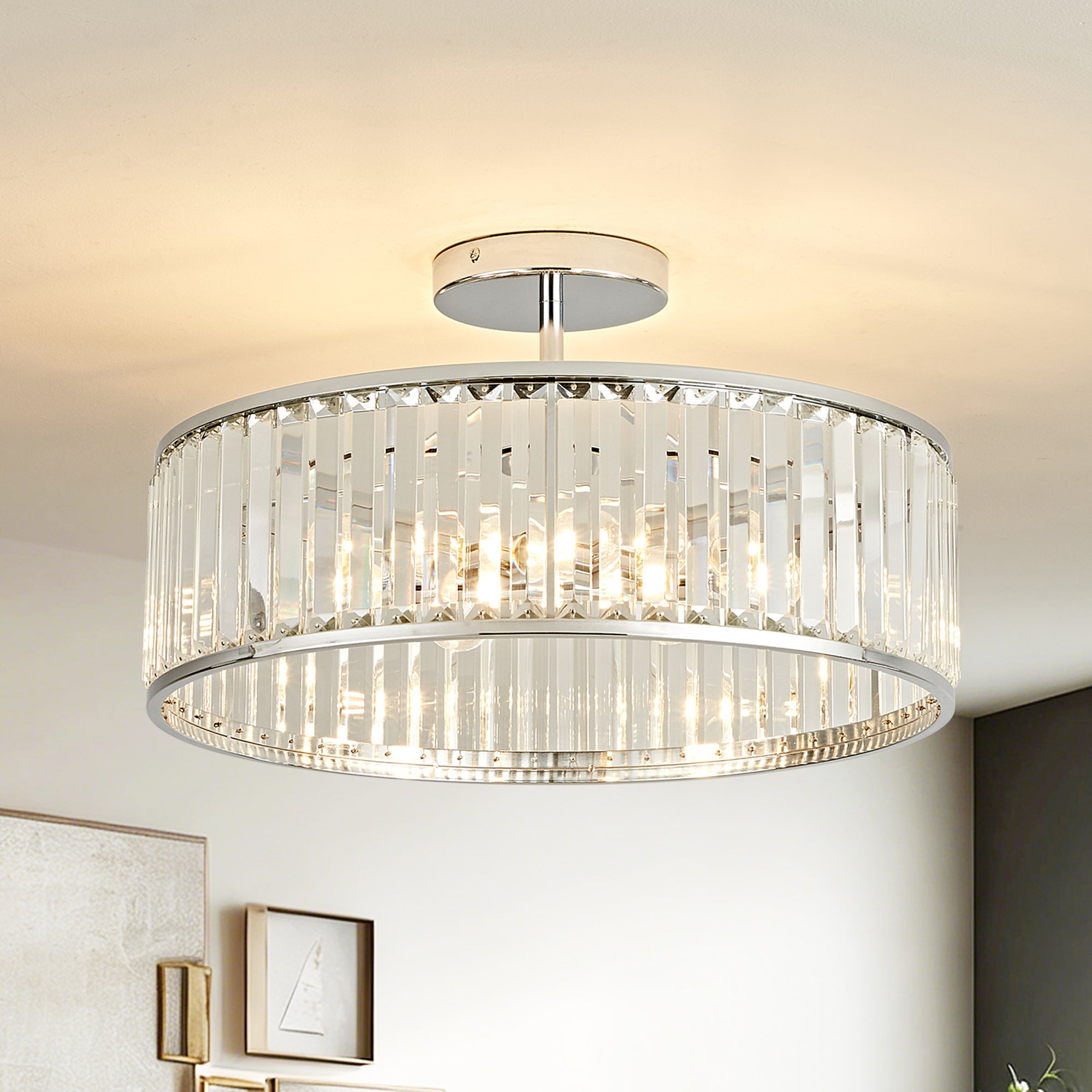 OKELI Modern Crystal Semi Flush Mount Ceiling Light Round Fixture for Bedroom, Hallway, Living Room