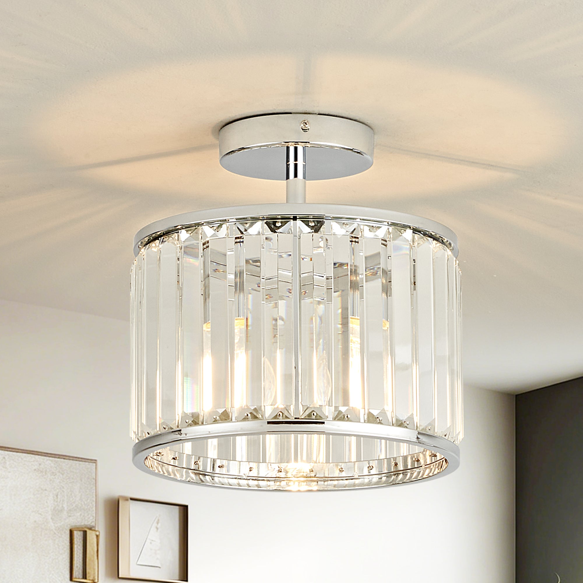 OKELI Modern Crystal Semi Flush Mount Ceiling Light Round Fixture for Bedroom, Hallway, Living Room