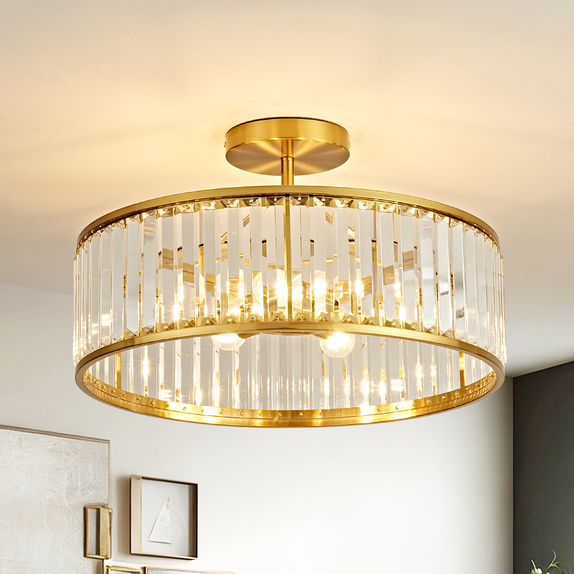 OKELI Modern Crystal Semi Flush Mount Ceiling Light Round Fixture for Bedroom, Hallway, Living Room