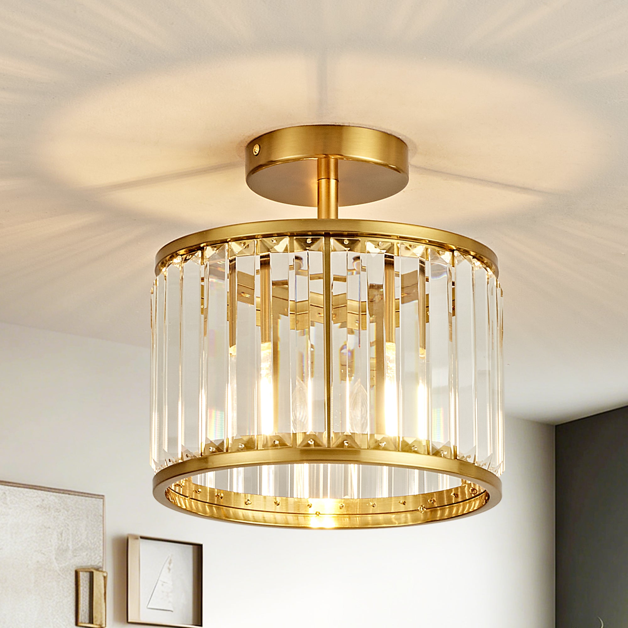OKELI Modern Crystal Semi Flush Mount Ceiling Light Round Fixture for Bedroom, Hallway, Living Room