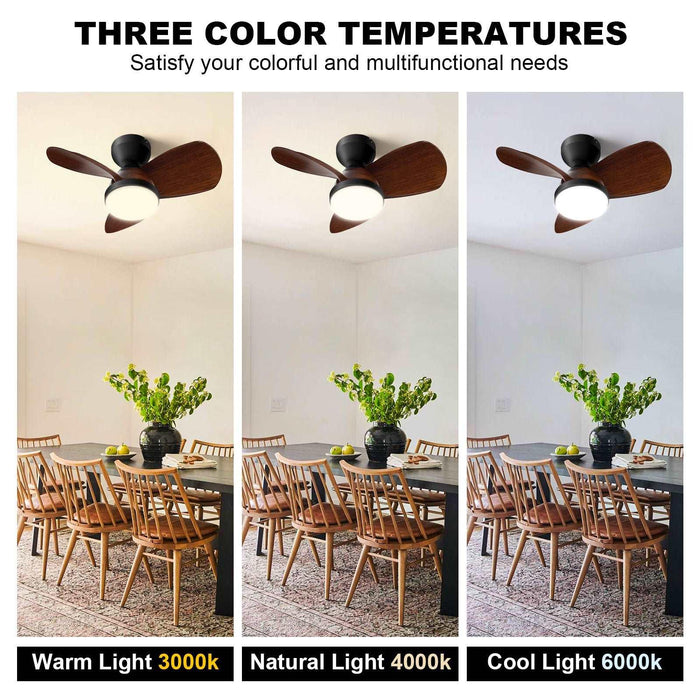 Ceiling Fan with Light Flush Mount, Small Low Profile 6-Speeds Quiet Reversible Timer, Wood Grain - okeli lights