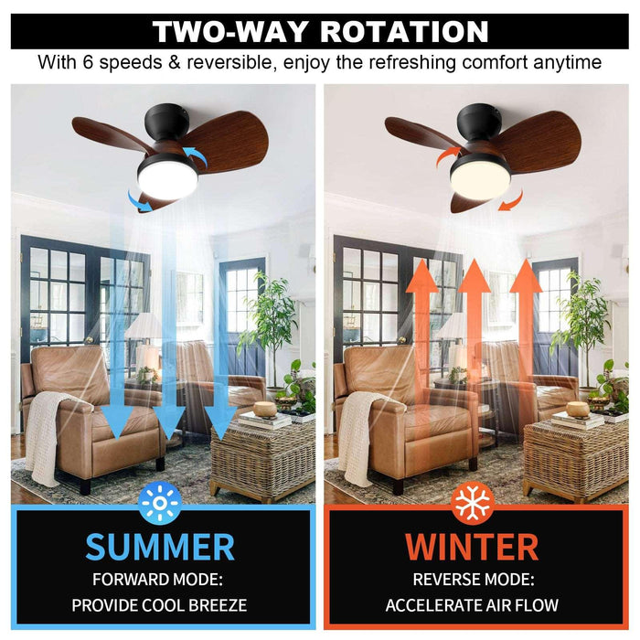 Ceiling Fan with Light Flush Mount, Small Low Profile 6-Speeds Quiet Reversible Timer, Wood Grain - okeli lights