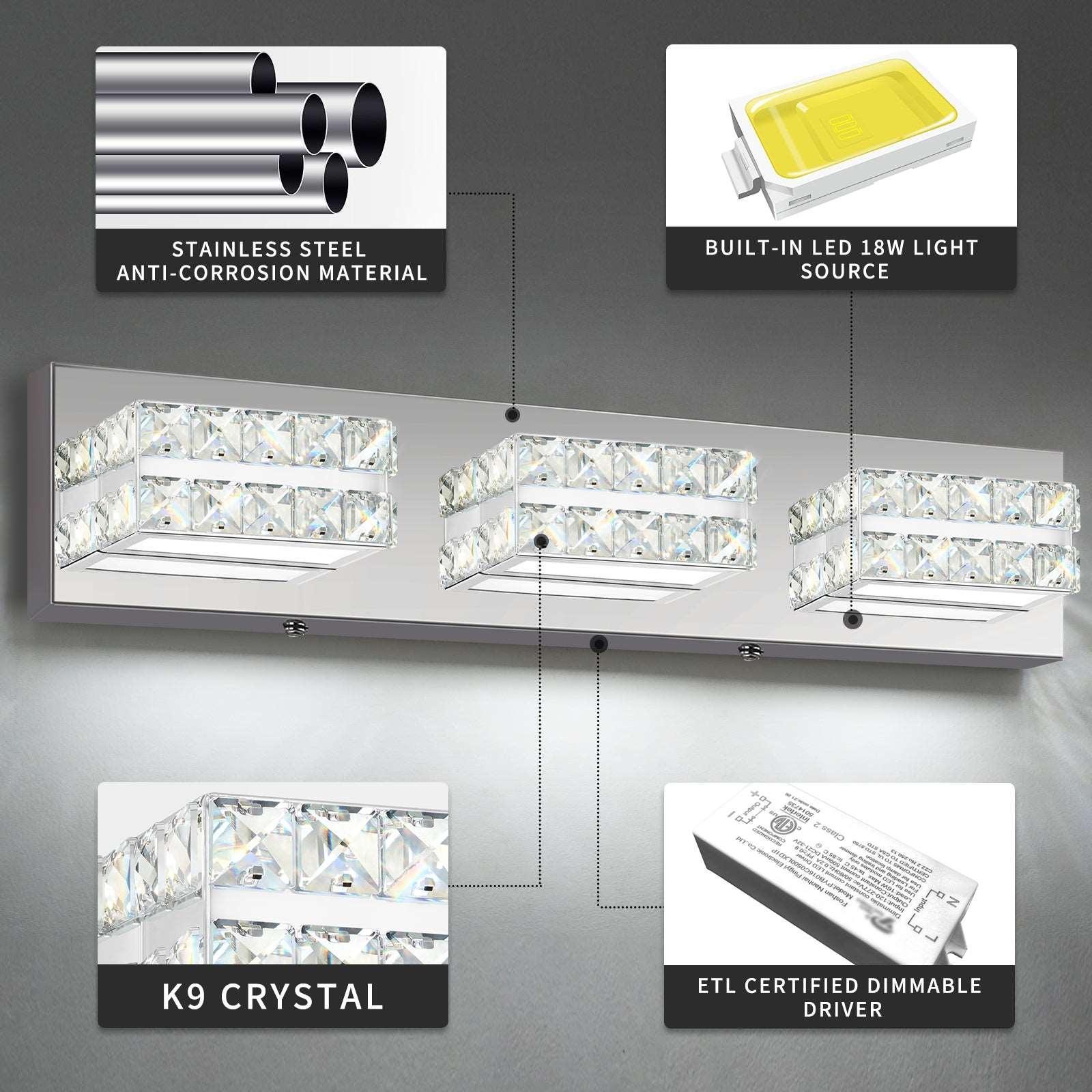 Bathroom Vanity Light Crystal Dimmable LED 3-Light Modern Chrome Fixtures - okeli lights
