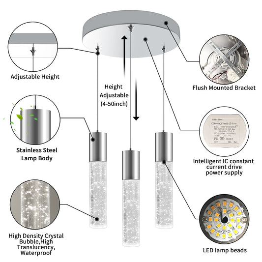 Dimmable LED Round 3-Light Pendant Light Modern Bubble Crystal Island Light Fixture - okeli lights