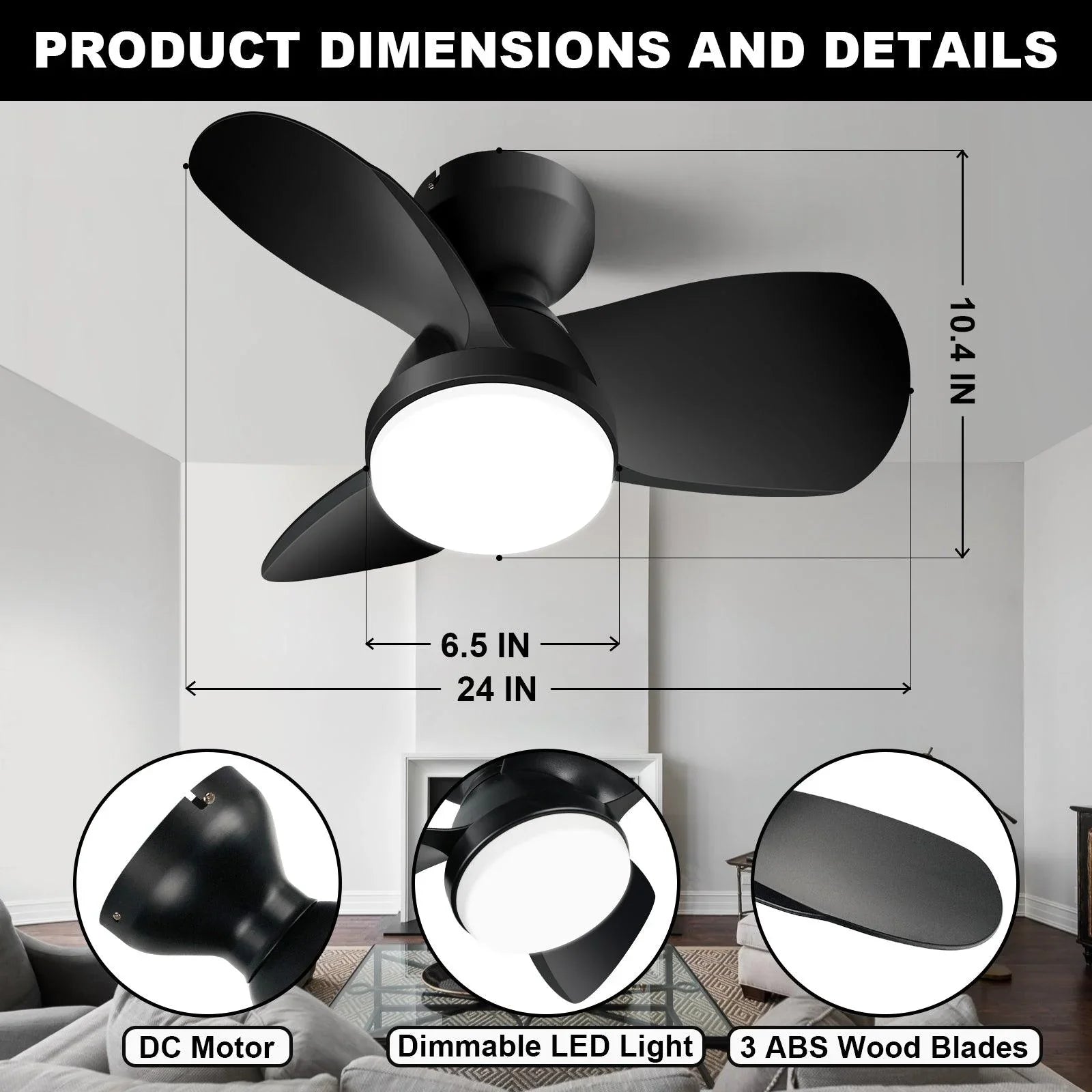 Black Small Ceiling Fan with Lights, Flush Mount LED with Remote, Quiet Low Profile - okeli lights