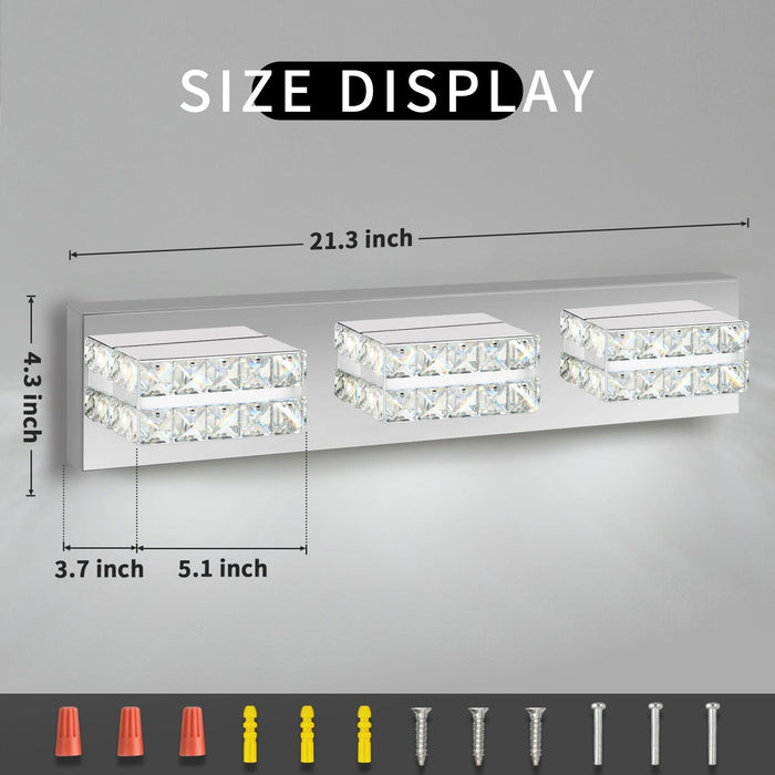 OKELI 3-Light Bathroom Vanity Light Crystal Dimmable LED Modern Fixtures Chrome Vanity Lights - okeli lights