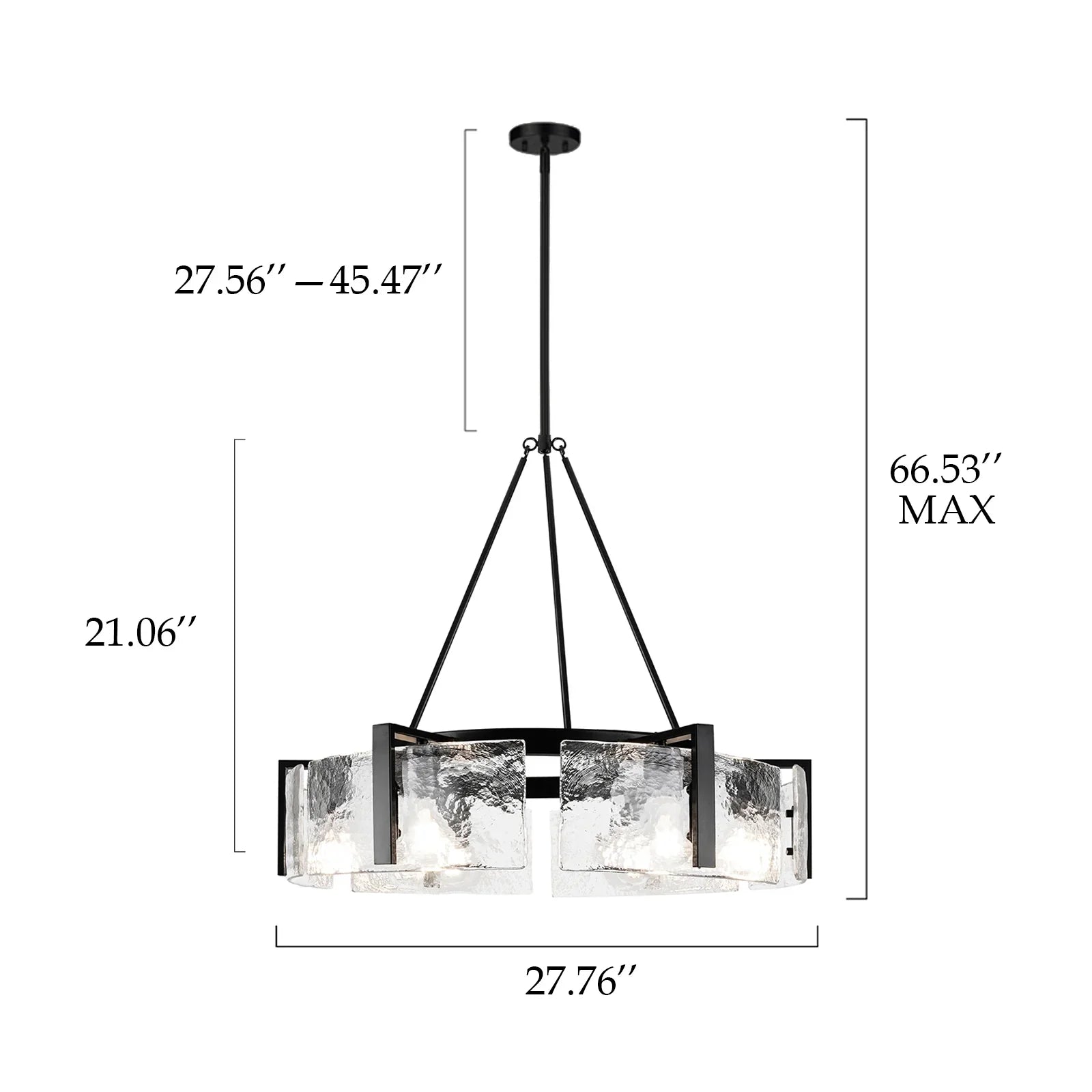 Chandelier with dimensions indicated on a white background