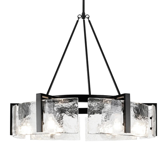 Drum matte black chandelier with clear hammered water glass 6-light dimmable - okeli lights