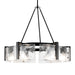 Black frame and glass shades on a chandelier