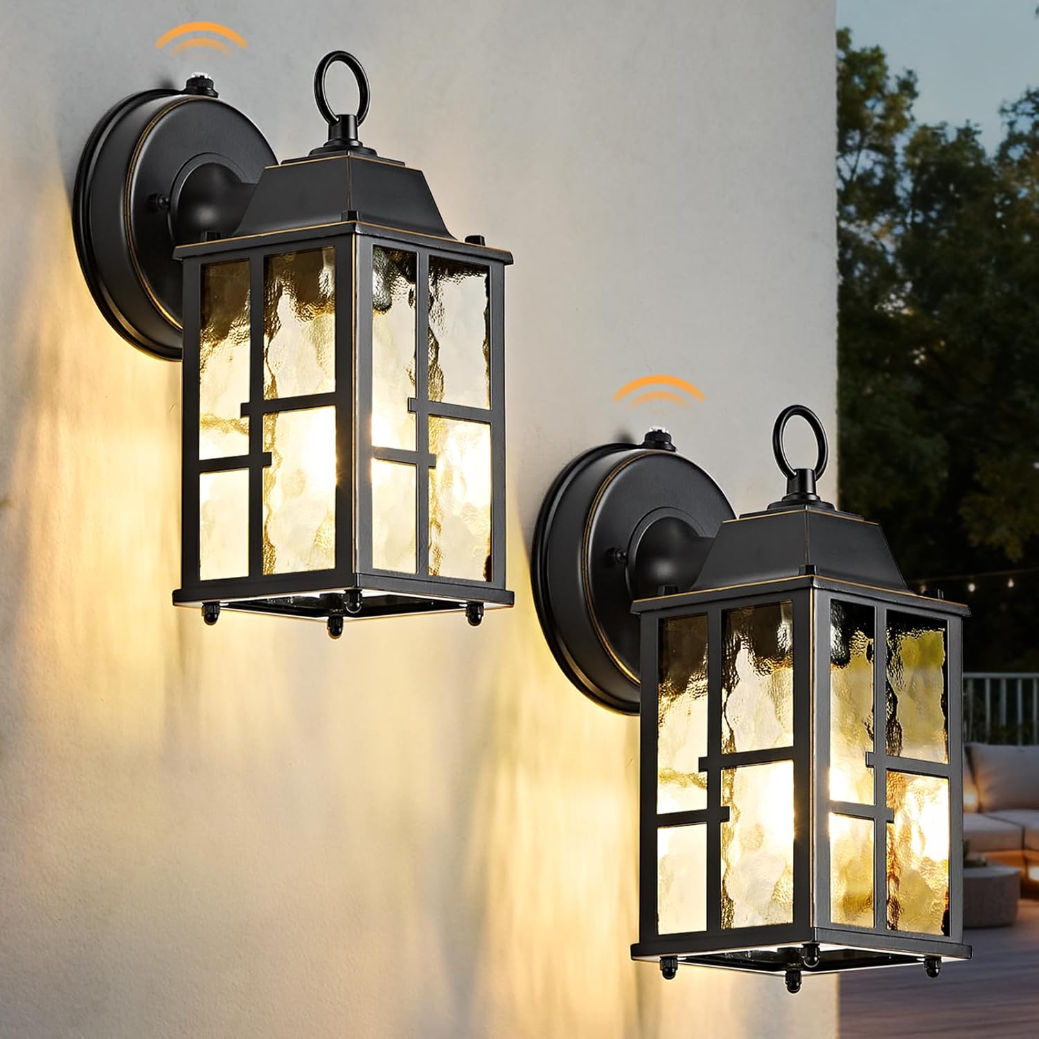 Dusk to Dawn Outdoor Wall Lights Exterior Waterproof Lantern with Water Ripple Glass Shade 9.3inch