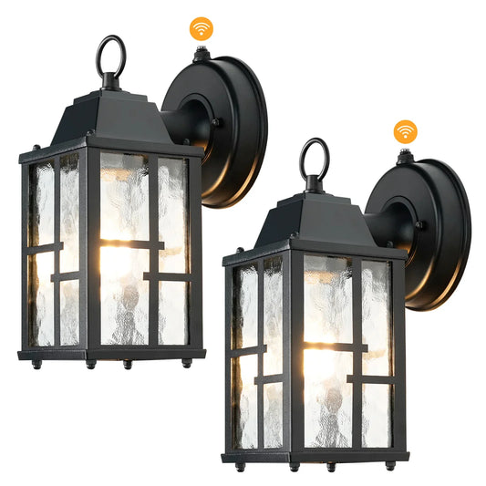 Dusk to Dawn Outdoor Wall Lights Exterior Waterproof Lantern with Water Ripple Glass Shade 2-pack - okeli lights
