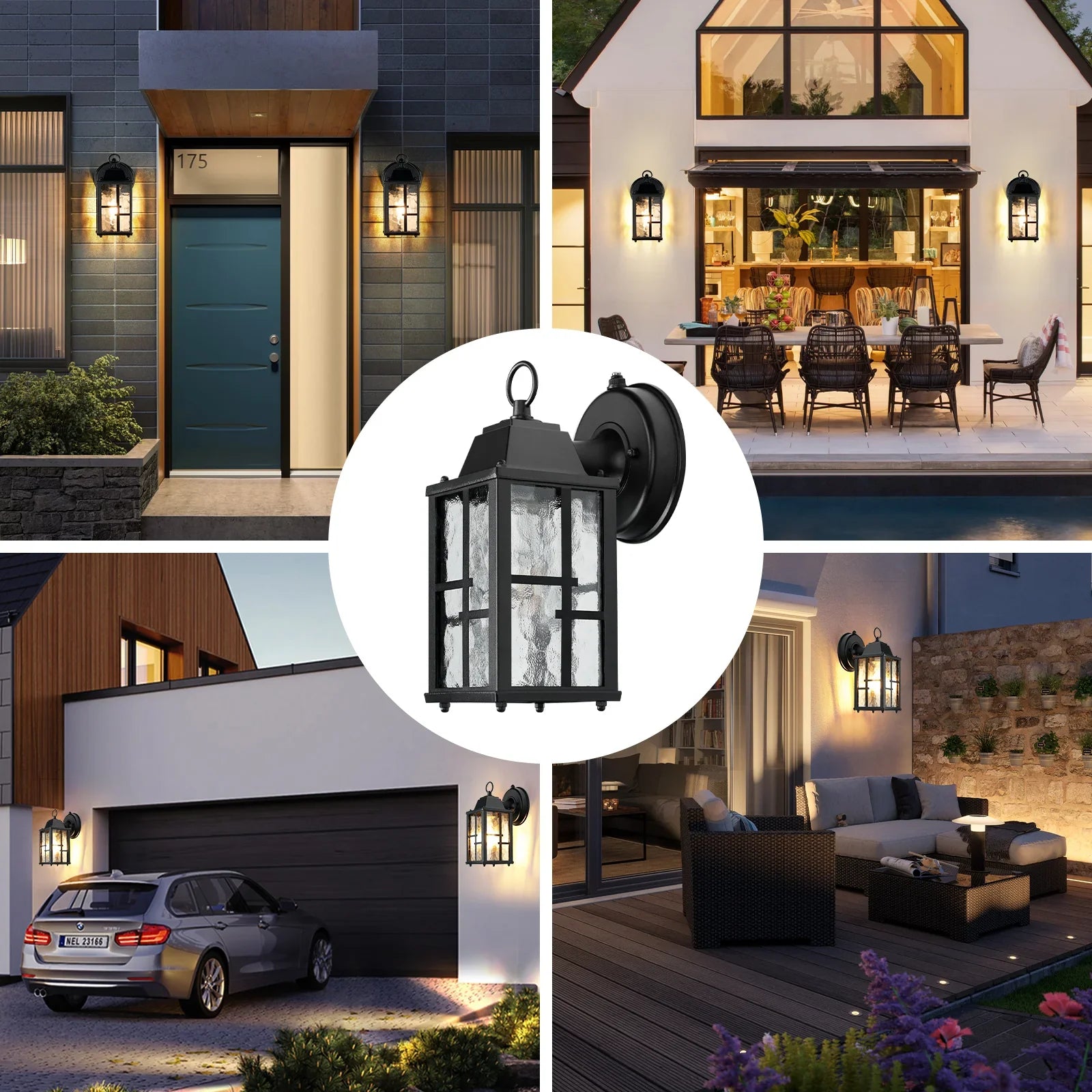 Dusk to Dawn Outdoor Wall Lights Exterior Waterproof Lantern with Water Ripple Glass Shade 2-pack - okeli lights