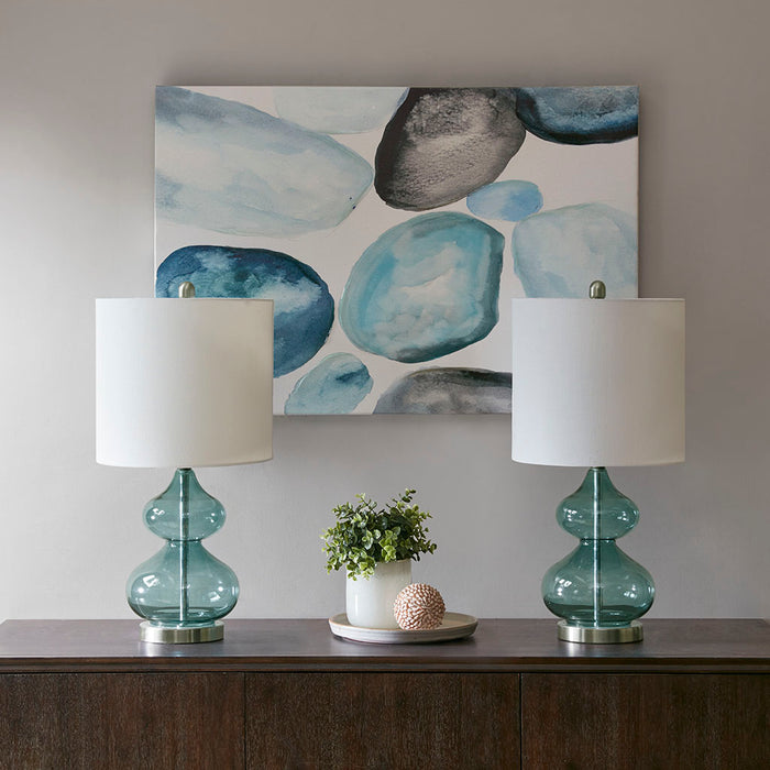 Ellipse Curved Glass Table Lamps 2Pack Blue and Gold Glass with White Drum Shade for Bedroom & Living Room