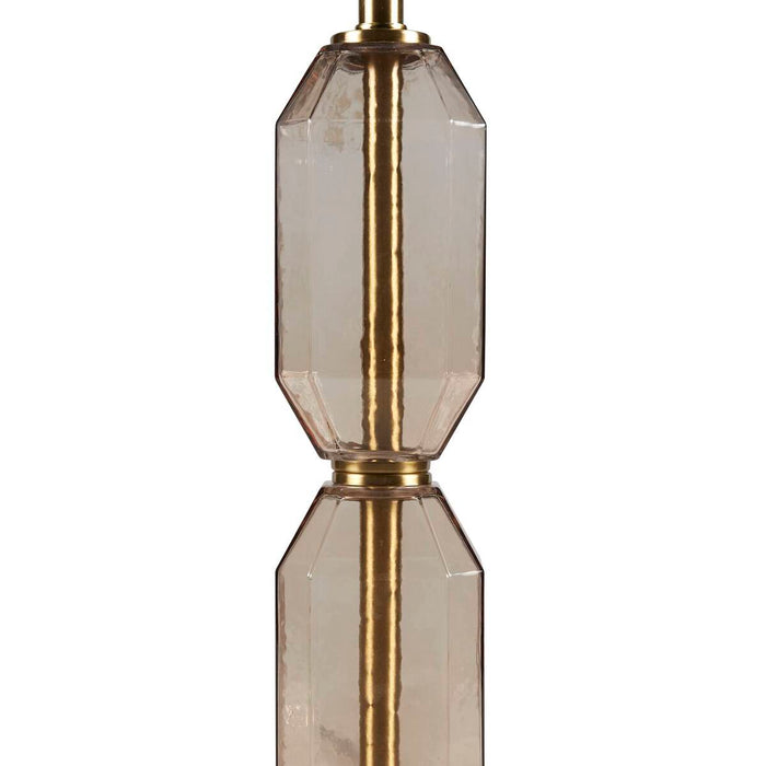 Faceted Glass Table Lamp with White Fabric Shade Modern Brown & Green Accent Lamp with Gold Base