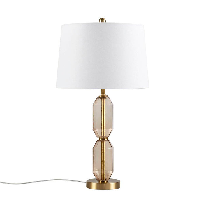 Faceted Glass Table Lamp with White Fabric Shade Modern Brown & Green Accent Lamp with Gold Base