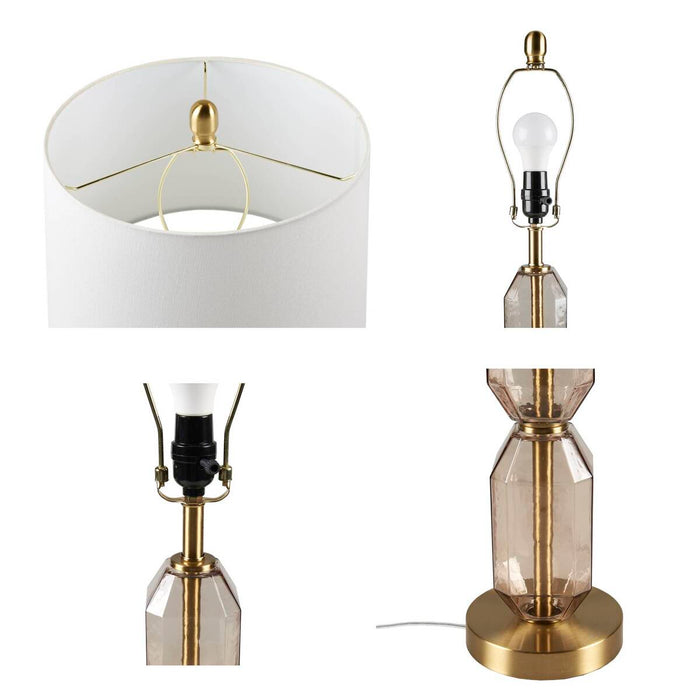 Faceted Glass Table Lamp with White Fabric Shade Modern Brown & Green Accent Lamp with Gold Base