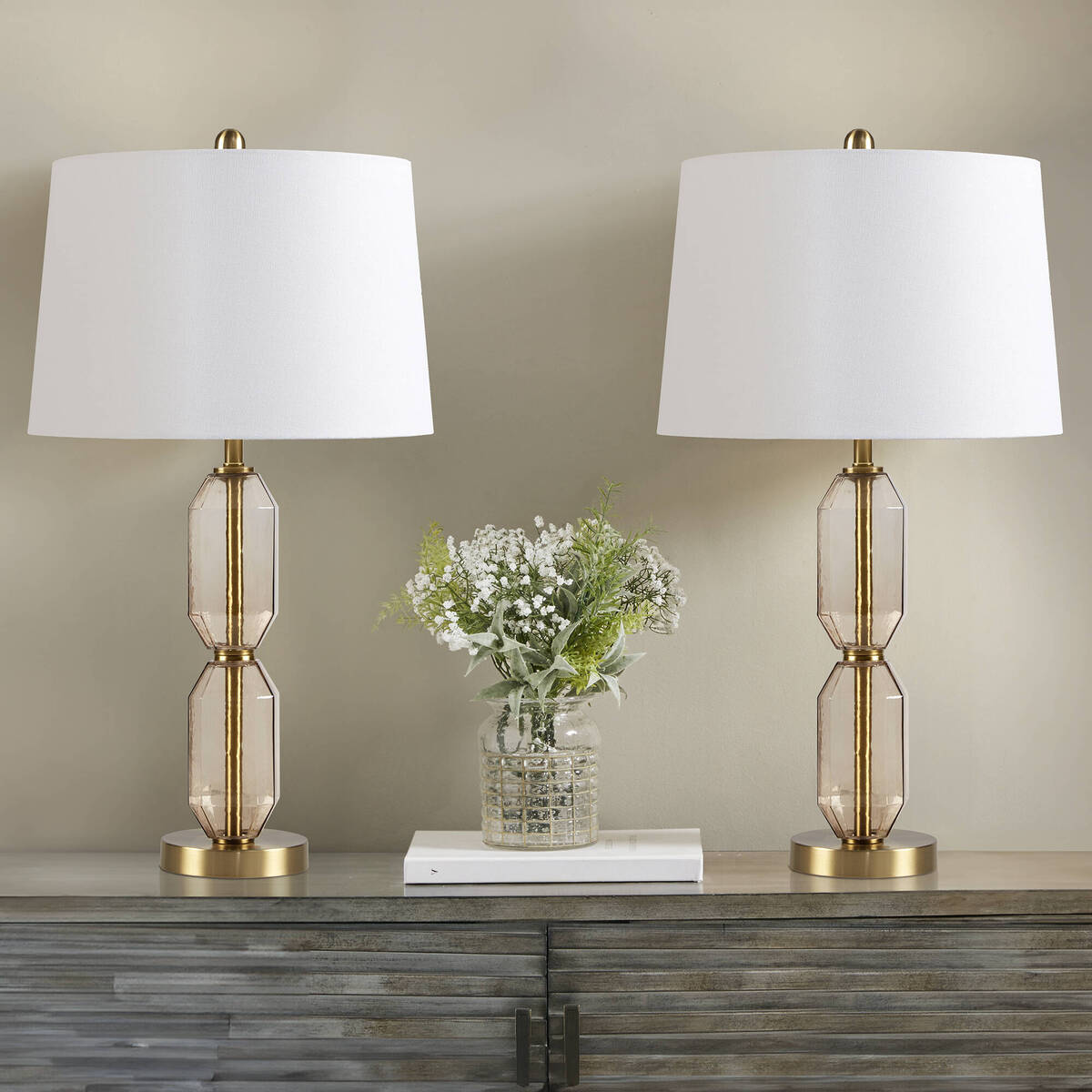 Faceted Glass Table Lamp with White Fabric Shade Modern Brown & Green Accent Lamp with Gold Base
