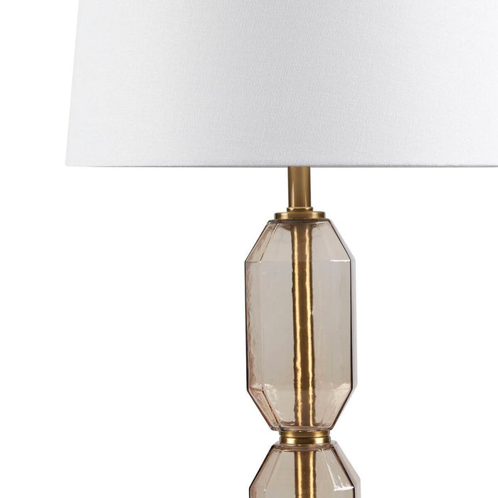 Faceted Glass Table Lamp with White Fabric Shade Modern Brown & Green Accent Lamp with Gold Base