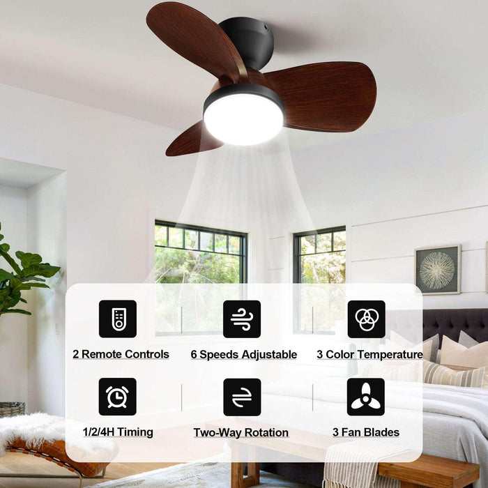 Ceiling Fan with Light Flush Mount, Small Low Profile 6-Speeds Quiet Reversible Timer, Wood Grain - okeli lights