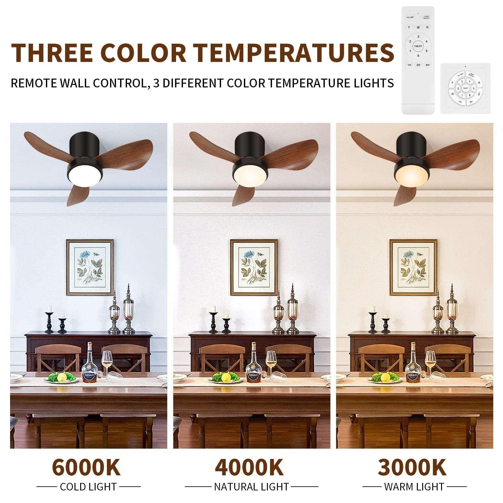 Small Ceiling Fan with Light and Remote Control LED Flush Mount, Wood Grain - okeli lights