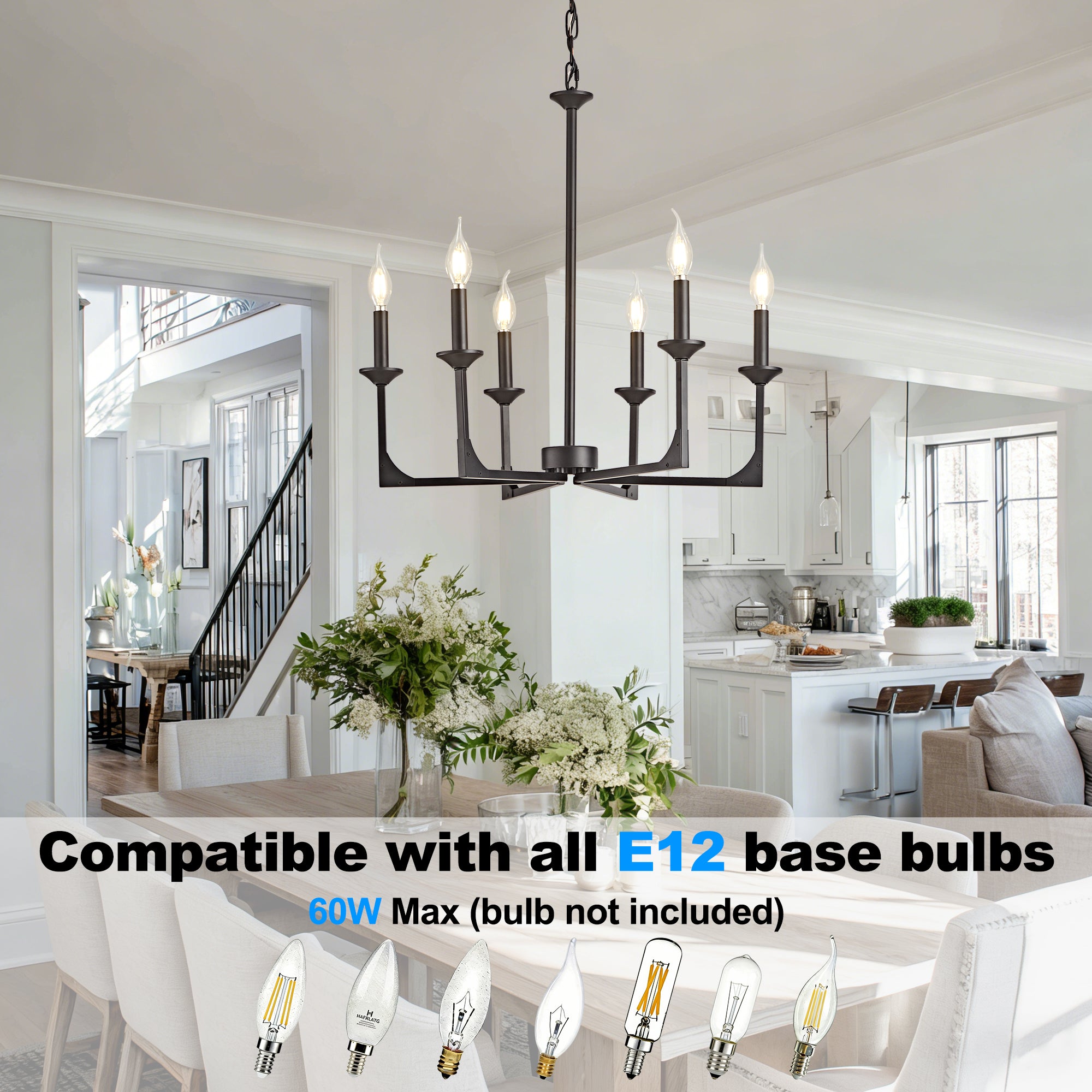 OKELI Farmhouse 6-Light Candle Chandelier for Dining Room Light Fixture with Adjustable Chain Hanging Lighting