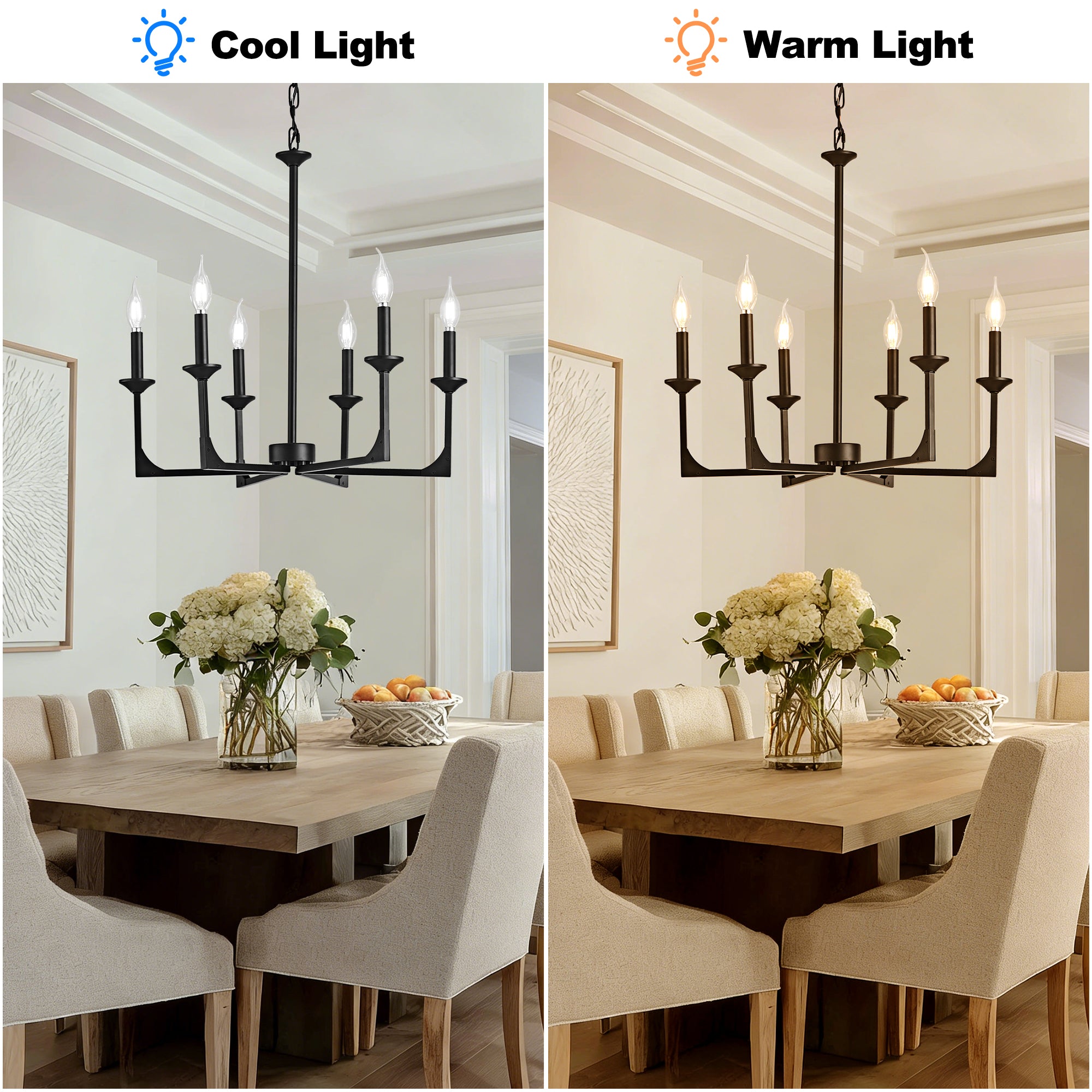 OKELI Farmhouse 6-Light Candle Chandelier for Dining Room Light Fixture with Adjustable Chain Hanging Lighting