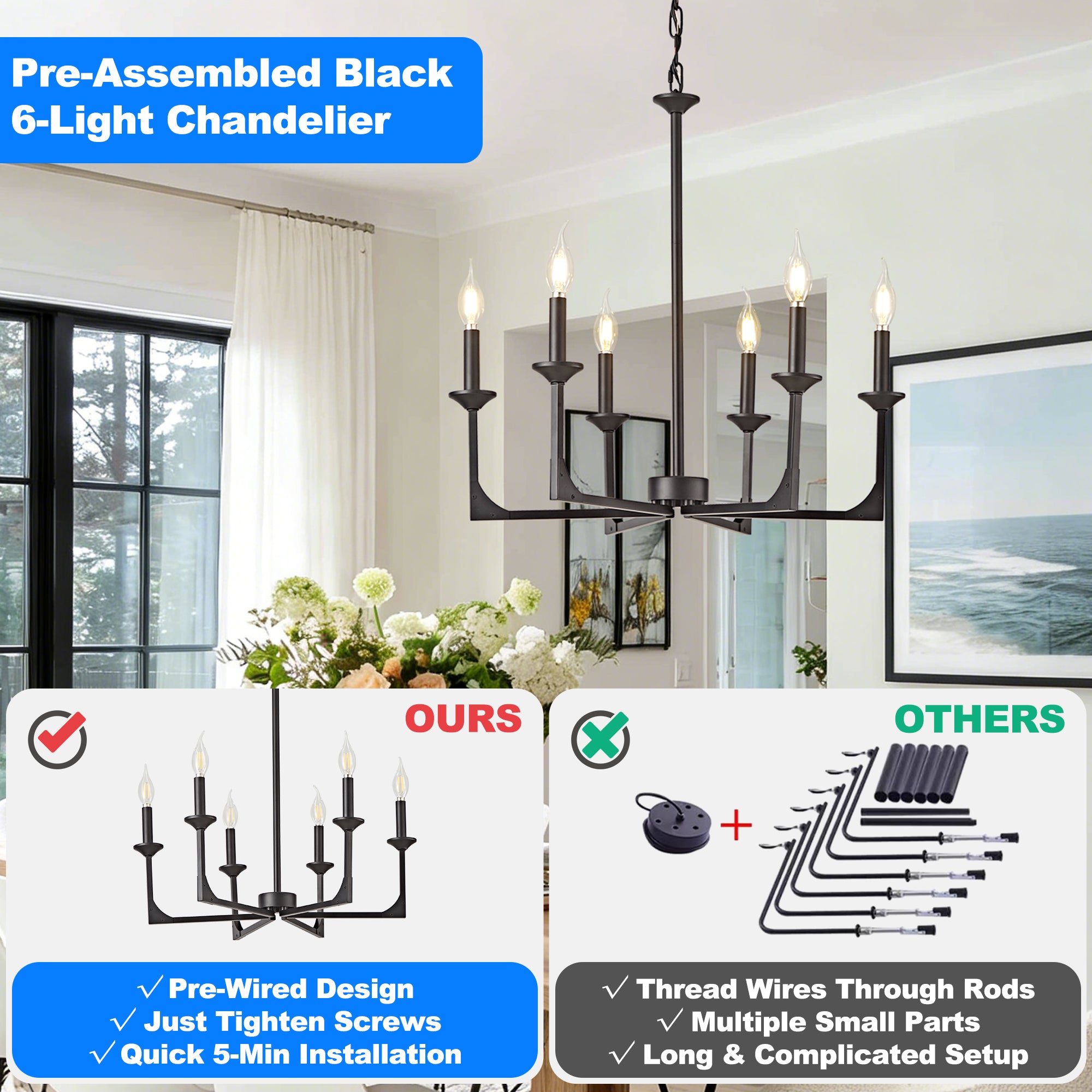 OKELI Farmhouse 6-Light Candle Chandelier for Dining Room Light Fixture with Adjustable Chain Hanging Lighting