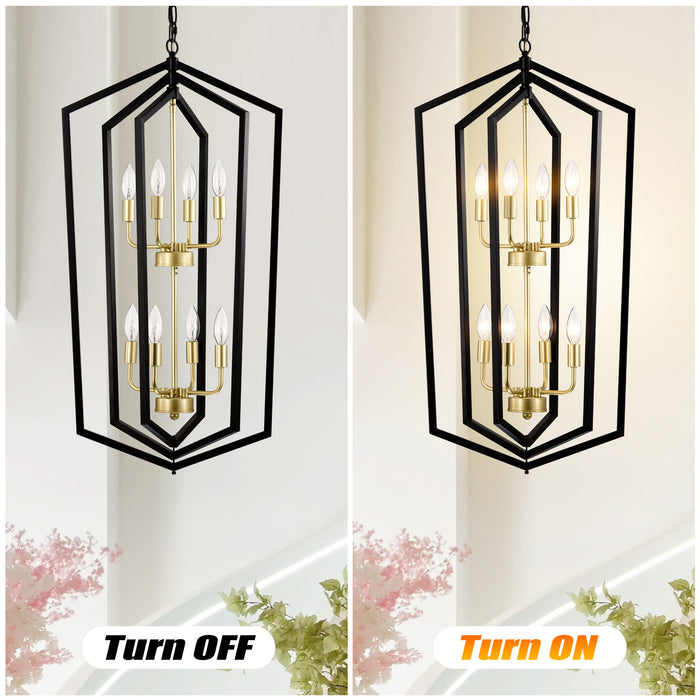 8-Light Lantern Tired Farmhouse Ceiling Hanging Light Black Chandelier Metal Pendant Light Fixtures - okeli lights