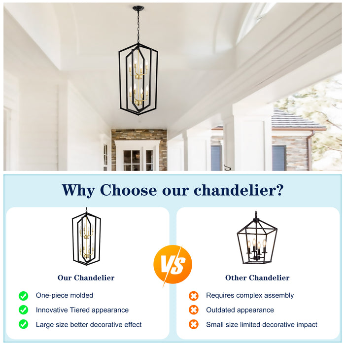8-Light Lantern Tired Farmhouse Ceiling Hanging Light Black Chandelier Metal Pendant Light Fixtures - okeli lights