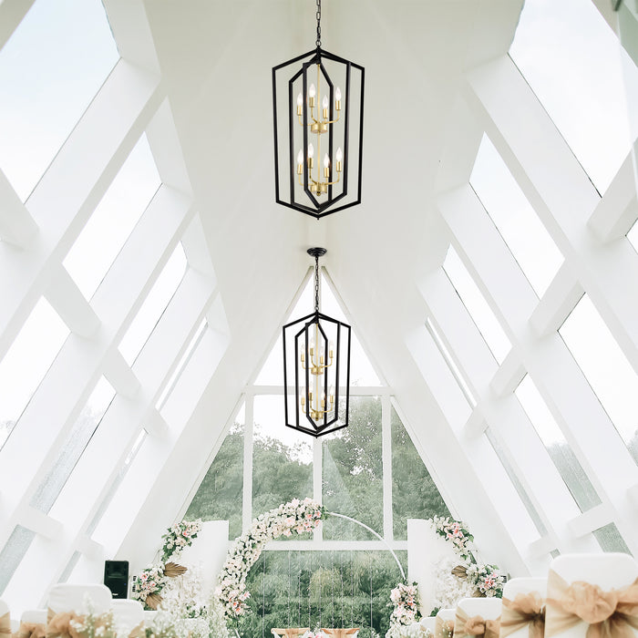 8-Light Lantern Tired Farmhouse Ceiling Hanging Light Black Chandelier Metal Pendant Light Fixtures - okeli lights