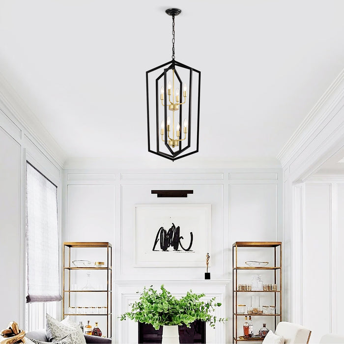 8-Light Lantern Tired Farmhouse Ceiling Hanging Light Black Chandelier Metal Pendant Light Fixtures - okeli lights
