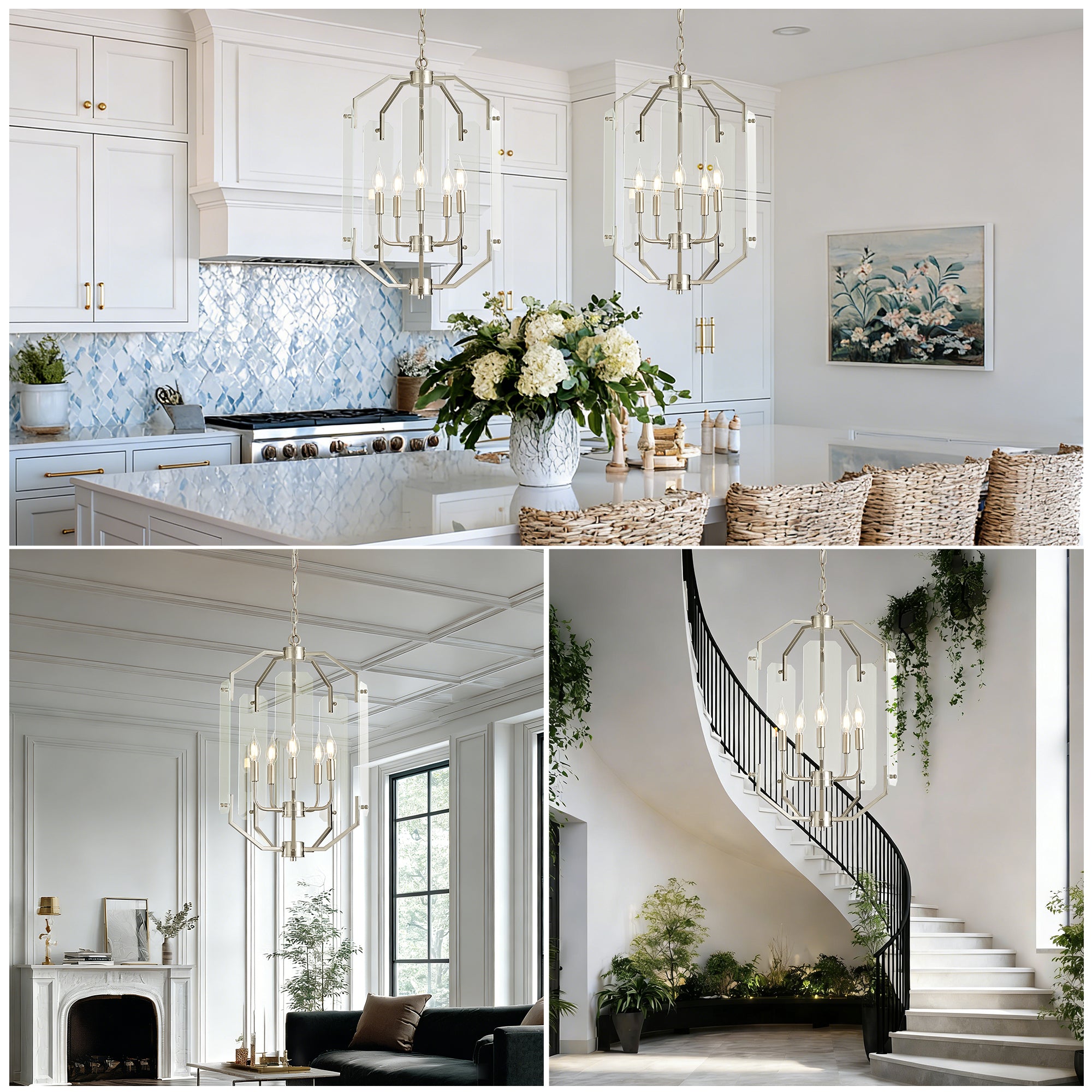 OKELI Modern Farmhouse Chandelier, 3-5-Light Dining Room Light Fixture with Glass Panels, Adjustable Hanging Lantern Brush Nickel and Black Pendant Light