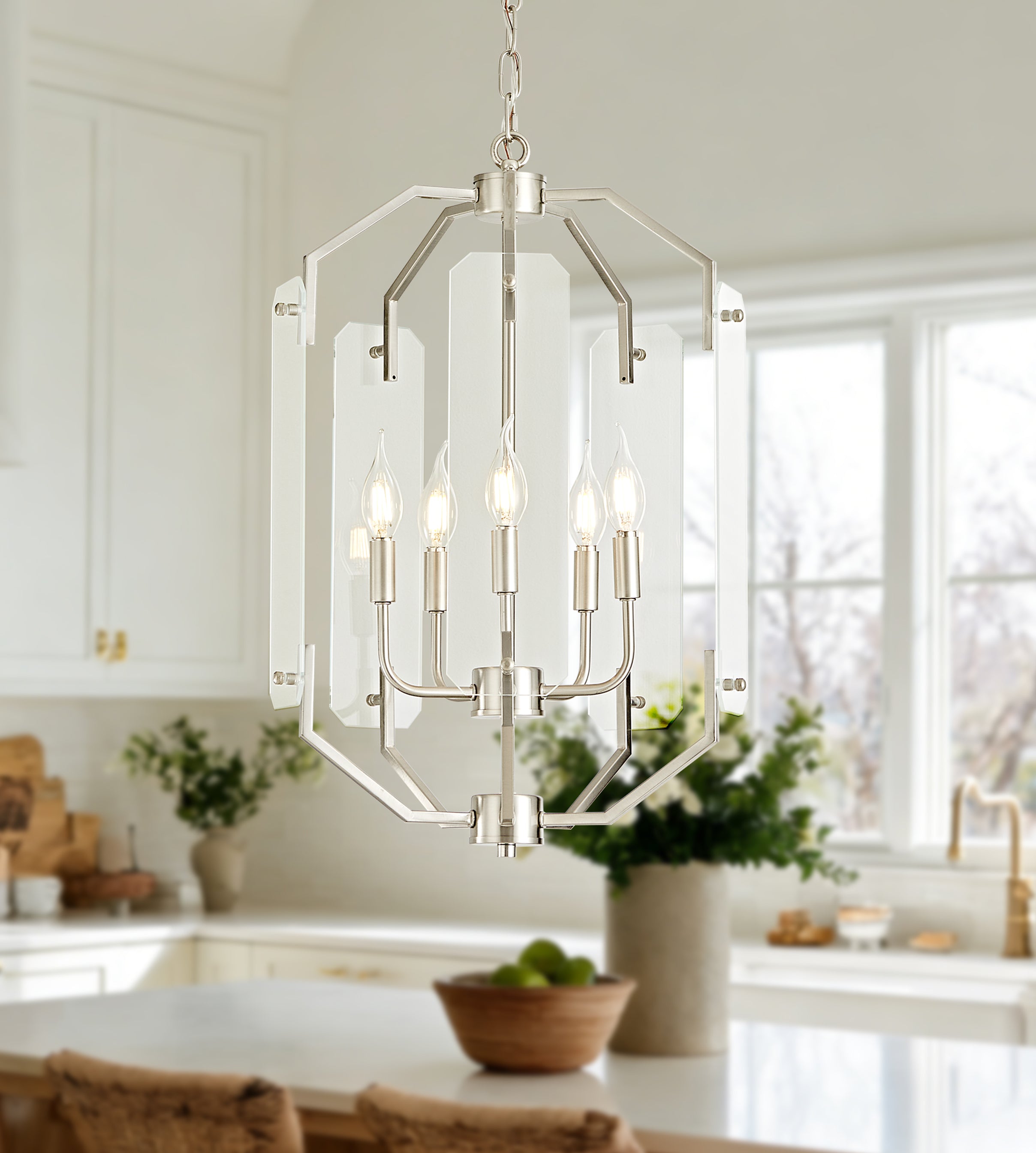 OKELI Modern Farmhouse Chandelier, 3-5-Light Dining Room Light Fixture with Glass Panels, Adjustable Hanging Lantern Brush Nickel and Black Pendant Light