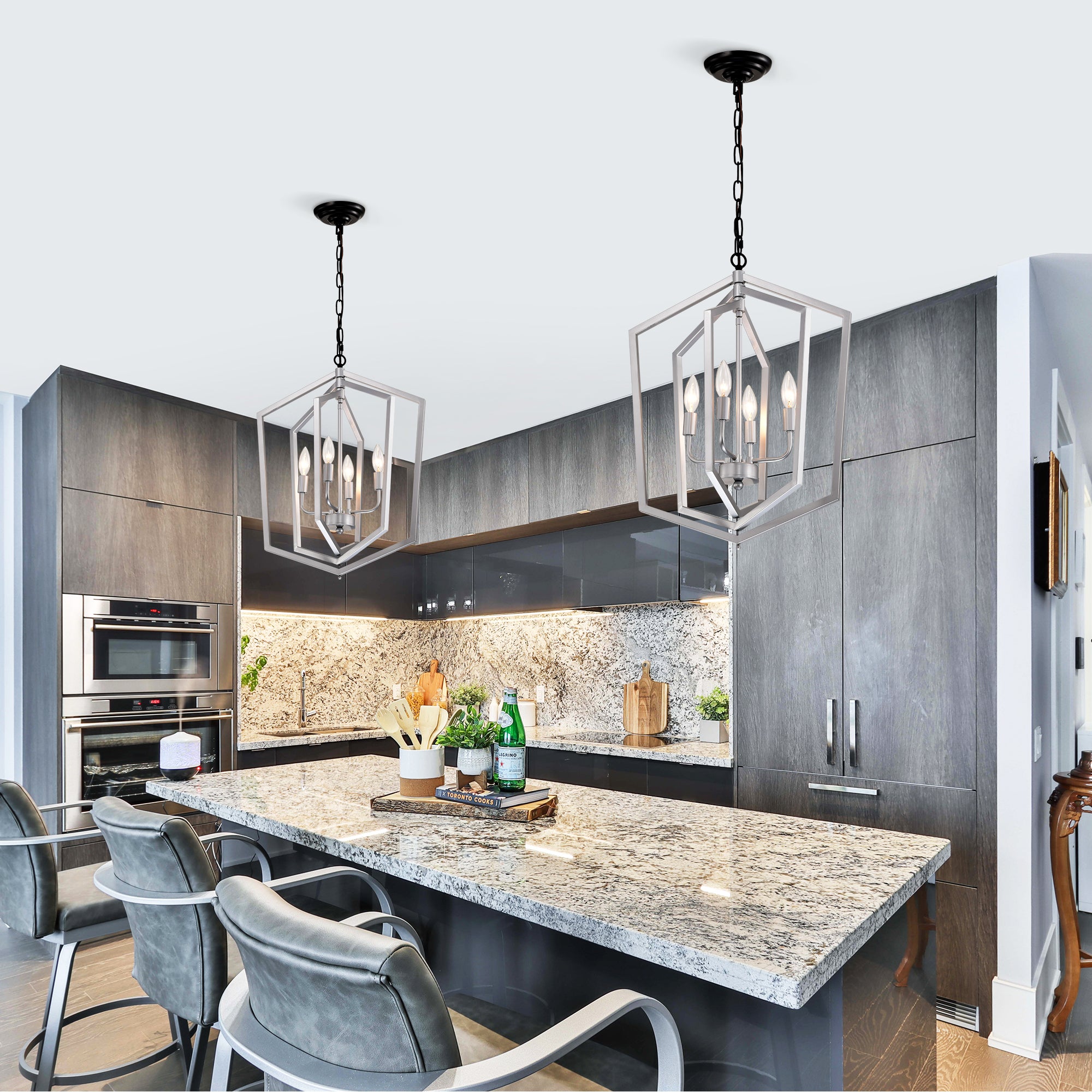 4-Light Farmhouse Chandeliers Matte Black and Sliver Matte Black Vintage Cage Light Fixture Adjustable Height Chandeliers - okeli lights