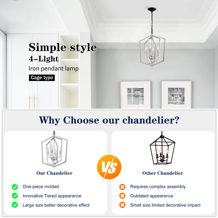 4-Light Farmhouse Chandeliers Matte Black and Sliver Matte Black Vintage Cage Light Fixture Adjustable Height Chandeliers - okeli lights