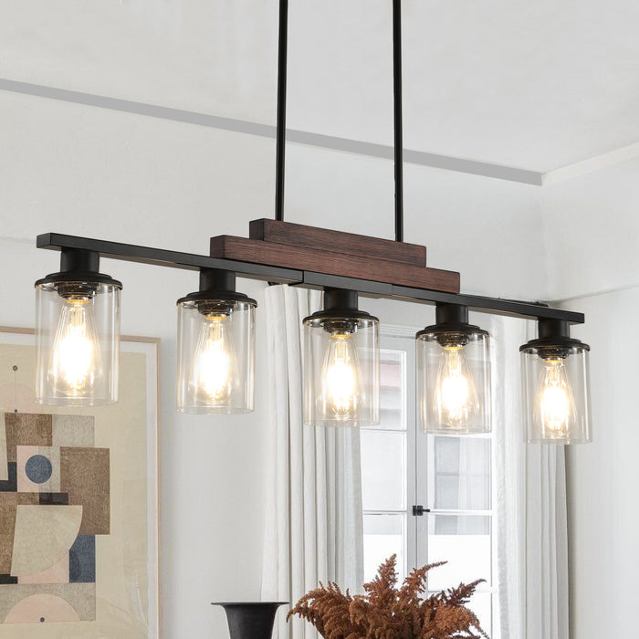 37" Farmhouse Industrial 5-Light Kitchen Island Pendant Light, Metal Wood Chandelier with Clear Glass Shades, Adjustable Height Hanging Fixture for Dining Room, Living Room, Kitchen