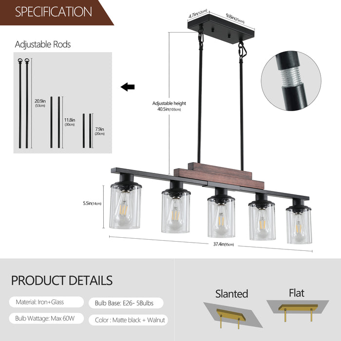 37" Farmhouse Industrial 5-Light Kitchen Island Pendant Light, Metal Wood Chandelier with Clear Glass Shades, Adjustable Height Hanging Fixture for Dining Room, Living Room, Kitchen