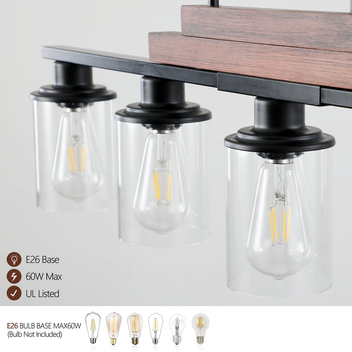 37" Farmhouse Industrial 5-Light Kitchen Island Pendant Light, Metal Wood Chandelier with Clear Glass Shades, Adjustable Height Hanging Fixture for Dining Room, Living Room, Kitchen