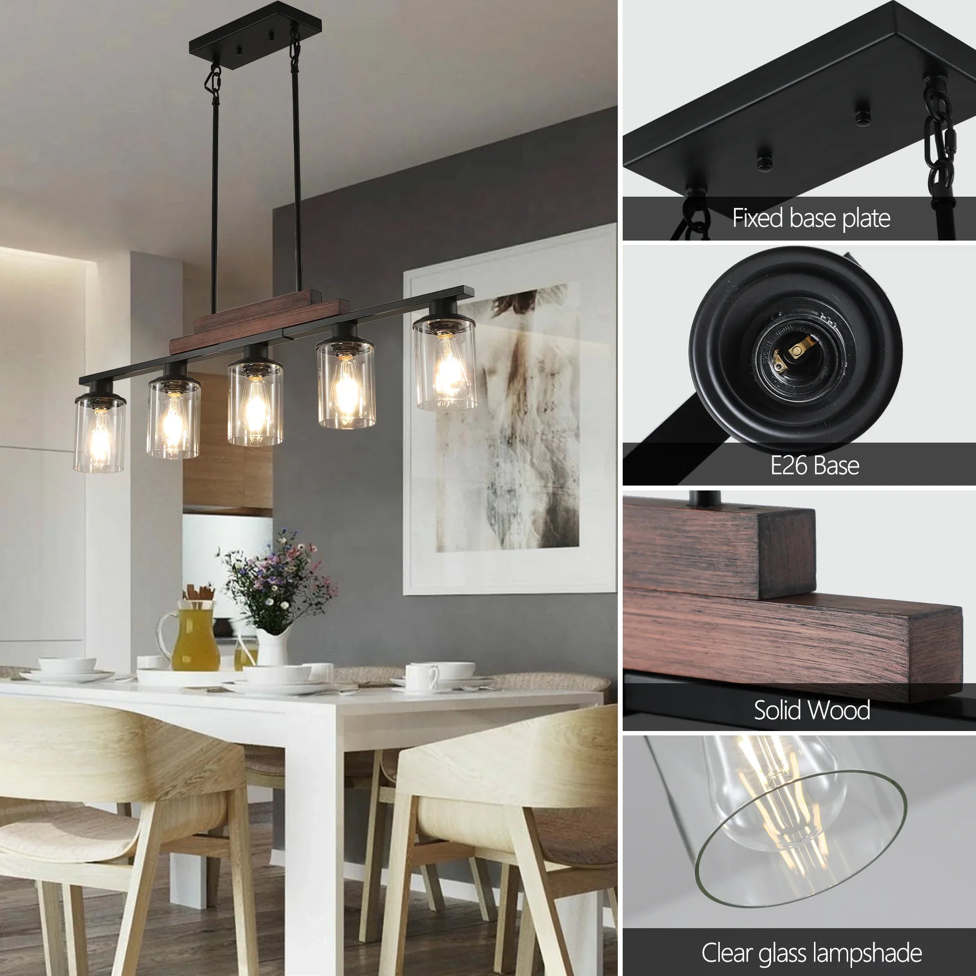 37" Farmhouse Industrial 5-Light Kitchen Island Pendant Light, Metal Wood Chandelier with Clear Glass Shades, Adjustable Height Hanging Fixture for Dining Room, Living Room, Kitchen - okeli lights