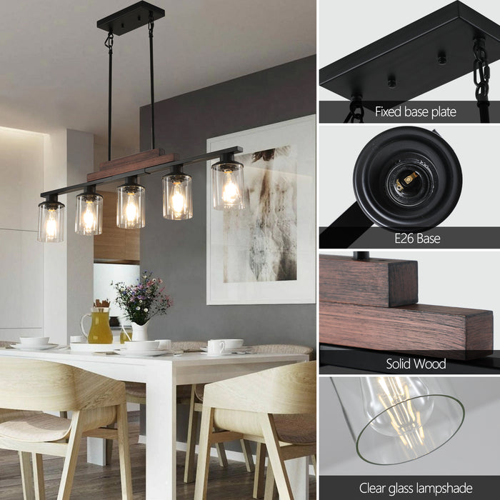 37" Farmhouse Industrial 5-Light Kitchen Island Pendant Light, Metal Wood Chandelier with Clear Glass Shades, Adjustable Height Hanging Fixture for Dining Room, Living Room, Kitchen