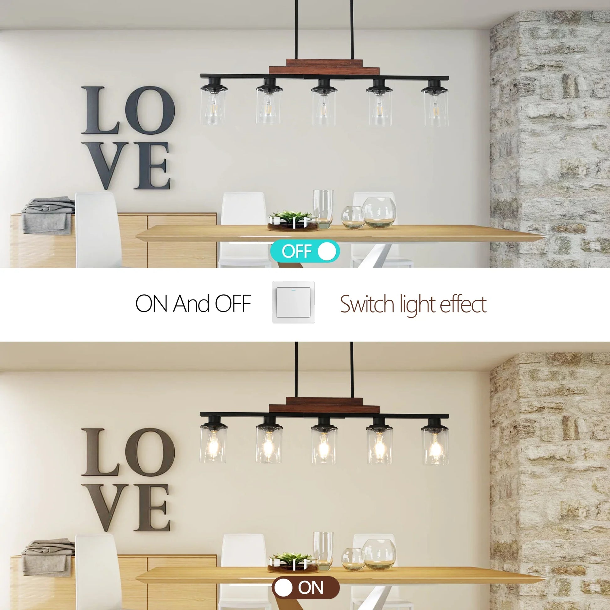 37" Farmhouse Industrial 5-Light Kitchen Island Pendant Light, Metal Wood Chandelier with Clear Glass Shades, Adjustable Height Hanging Fixture for Dining Room, Living Room, Kitchen - okeli lights