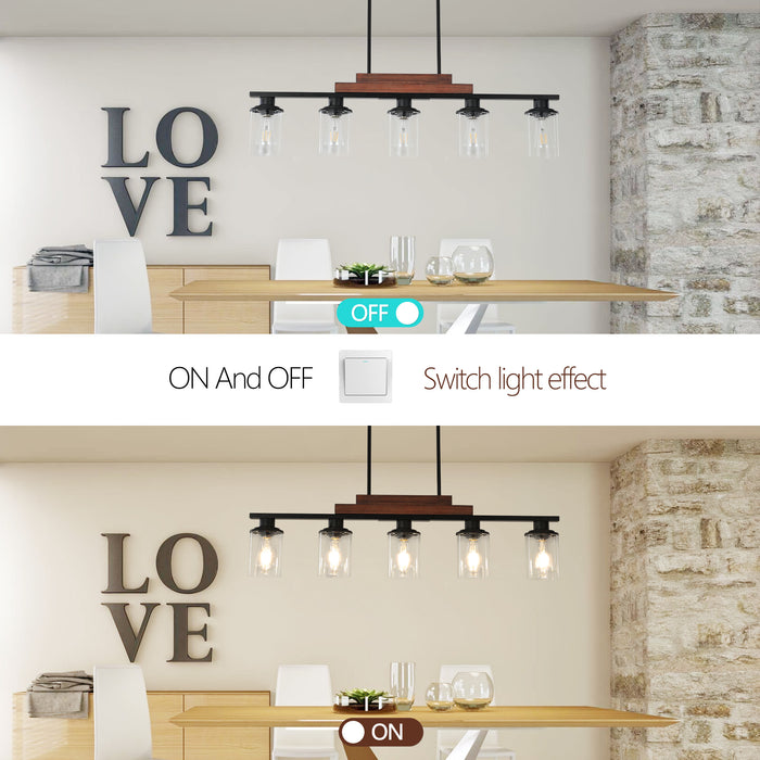 37" Farmhouse Industrial 5-Light Kitchen Island Pendant Light, Metal Wood Chandelier with Clear Glass Shades, Adjustable Height Hanging Fixture for Dining Room, Living Room, Kitchen