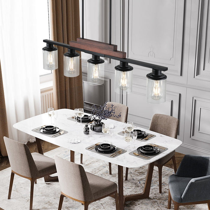 37" Farmhouse Industrial 5-Light Kitchen Island Pendant Light, Metal Wood Chandelier with Clear Glass Shades, Adjustable Height Hanging Fixture for Dining Room, Living Room, Kitchen